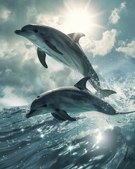 Fototapeta premium Close-up of a pair of dolphins. bright sun. above the water. generative ai