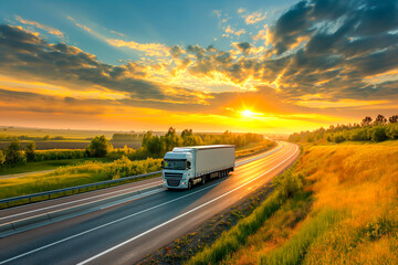 European style truck driving on the asphalt road on highway on sunset background. Goods Delivery,...