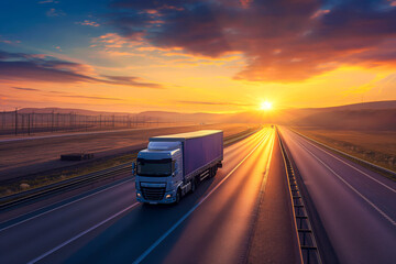 European style truck driving on the asphalt road on highway on sunset background. Goods Delivery,...