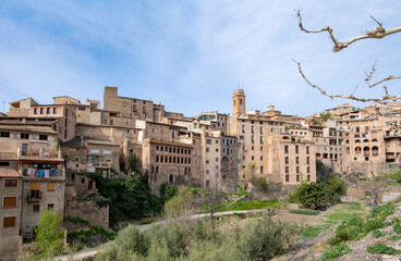 View from the river of the vertical houses of village of La Vilella Alta, Priorat, Tarragona.