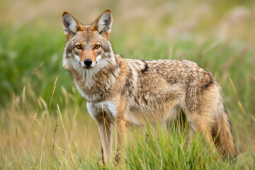 Wild coyotes standing in prairie grass in nature found throughout North America. They're known for their distinctive yipping and howling sounds