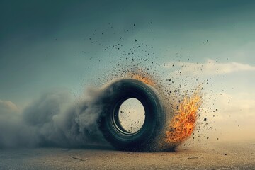 A photograph capturing a massive tire engulfed in a mesmerizing display of fiery flames, Visual metaphor of an inflating tire losing air, symbolising deflation, AI Generated - obrazy, fototapety, plakaty