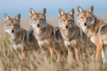 Naklejka premium Wild coyotes standing in prairie grass in nature found throughout North America. They're known for their distinctive yipping and howling sounds
