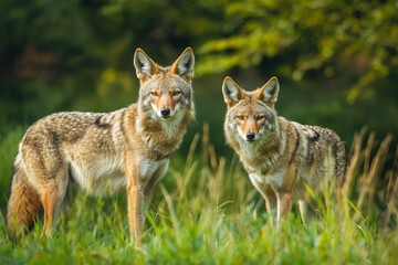 Naklejka na ściany i meble Wild coyotes standing in prairie grass in nature found throughout North America. They're known for their distinctive yipping and howling sounds