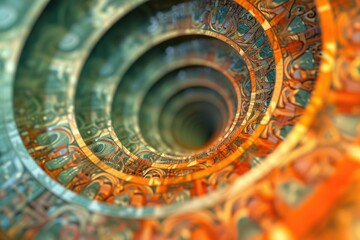 A detailed view of a spiral design intricately painted on a wall, showcasing the precise lines and symmetry of the artwork, Visual representation of the price spiral caused by inflation, AI Generated
