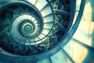 A photo showcasing a spiral staircase constructed entirely from dollar bills, Visual representation...