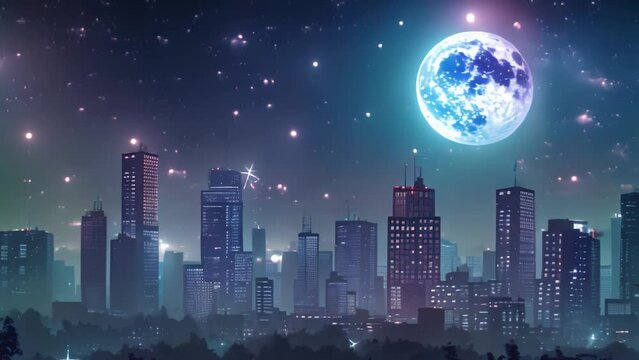 Vector illustration of City against stars and moon