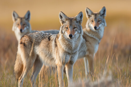 Wild coyotes standing in prairie grass in nature found throughout North America. They're known for their distinctive yipping and howling sounds