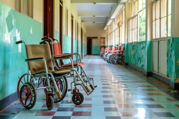 Fototapeta na wymiar A row of vacant wheelchairs lined up along the hallway, awaiting use, Wheelchairs in a rehabilitation center, AI Generated