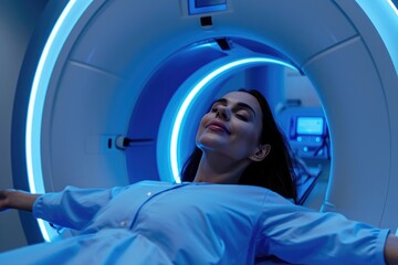 A photograph showing a woman lying in a hospital bed in a room, receiving medical care and treatment, Woman being scanned by a full body medical scanner, AI Generated