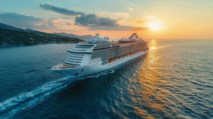 Cruise Ship Sailing in Ocean at Sunset - obrazy, fototapety, plakaty