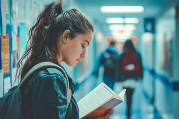Young female student deeply engrossed in reading a textbook in a busy school hallway, signifying dedication to education.