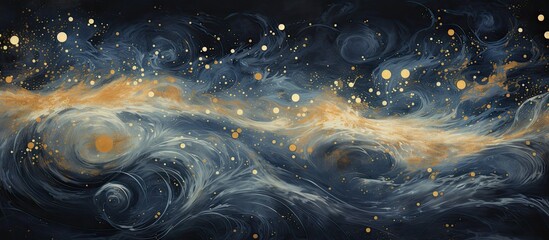 An artwork depicting a vortex of clouds adorned with shimmering golden dots