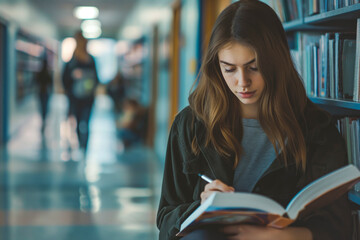 Young female student deeply engrossed in reading a textbook in a busy school hallway, signifying dedication to education.