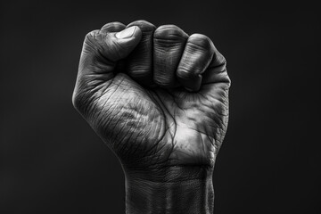 Power and Resistance: A Black and White Image of a Clenched Fist Raised in Strength. This photo...