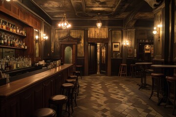 A dimly lit bar with a checkered floor, creating a cozy and nostalgic atmosphere, A 1920s Chicago...