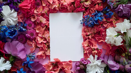 Elegant Blank Invitation Card Surrounded by a Vibrant Floral Border, Perfect for Special Announcements.