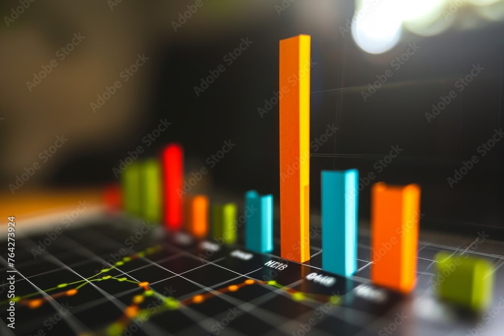 Poster a detailed view of a bar chart placed on a table, showcasing data through precise and visually appea