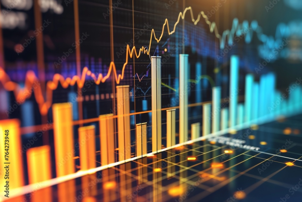Poster close-up of bar chart on computer screen, a bar chart showing net revenue from various trading platf