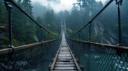 Old suspension bridge in misty forest, vintage hanging wood path over river in dark foggy woods. Concept of travel, journey, nature, adventure and wanderlust - obrazy, fototapety, plakaty