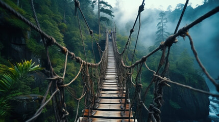 Old hanging bridge in tropical forest, vintage suspension wood path in musty jungle. Concept of travel, journey, lost world, nature, adventure movie - obrazy, fototapety, plakaty