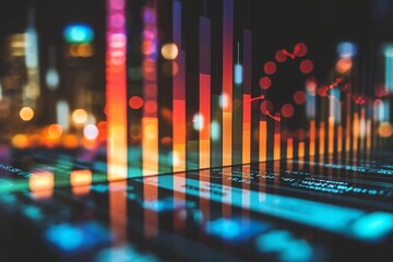 A photograph taken at night capturing the blurred lights and buildings of a cityscape, A bar chart showing net revenue from various trading platforms, AI Generated