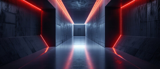 Dark concrete garage background, inside futuristic modern room or hall, underground tunnel with red led light. Concept of interior, warehouse, construction