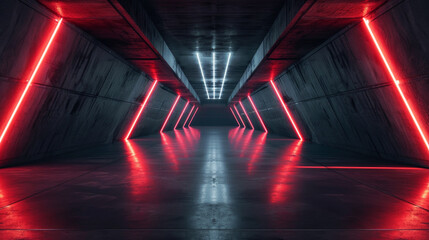 Dark concrete garage background, inside modern room or hall, underground tunnel with red neon...