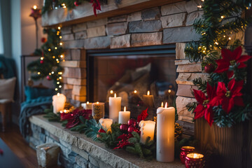 Fireplace Christmas decoration. Ai generated image