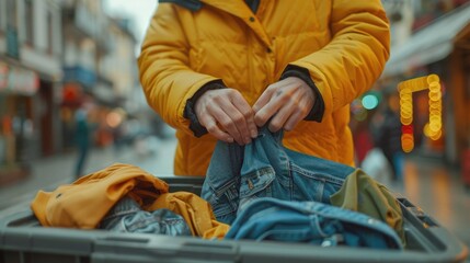 Close-up of a person's hands placing gently used clothing into a donation bin, with a focus on the act of giving, set against a backdrop of a busy city street, promoting urban recycling and charity