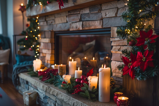 Fireplace Christmas decoration. Ai generated image