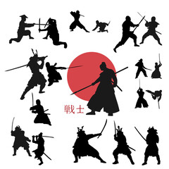 Silhouettes of japanese warriors, samurai, ninjas, fight scenes, hieroglyph 