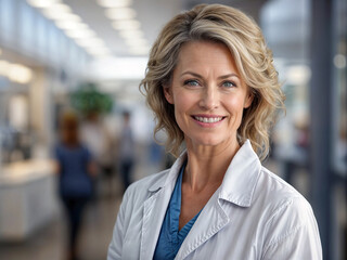 Portrait of confident mature female medical, doctor on hospital background. Empowered woman