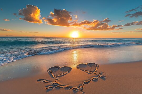 Two hearts drawn in the sand on a beach, showcasing a romantic gesture, A beautiful sunrise over a peaceful beach, with hearts drawn in the sand, AI Generated - Powered by Adobe