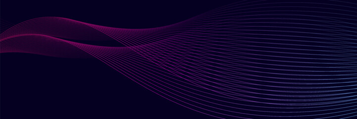 Dark abstract background with shining waves. Shiny moving lines design element. Modern blue purple gradient flowing wave lines. vecto