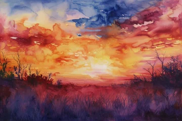 Rolgordijnen A painting depicting a vibrant sunset casting warm hues over a vast field, A blend of sunset hues in a watercolor finish, AI Generated © Ifti Digital