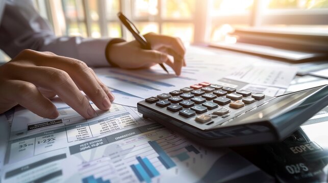 The meticulous attention to detail of an accountant analyzing financial reports is captured in this realistic image, where every element, from the sleek calculator to the neatly organized documents, 