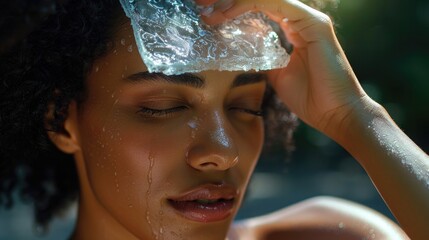 Close-up of a woman's hand holding a cooling gel pack to her forehead to relieve a hot flash, showcasing practical remedies