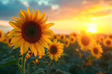 Vibrant sunflower field at sun setting in the background.