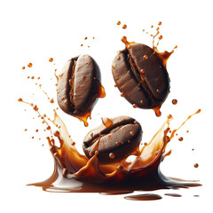 Three coffee beans, dampened with coffee water, hovered slightly above the ground. Coffee with coffee beans and splashes on a brown background. Coffee beans falling into the glass and spread out. 