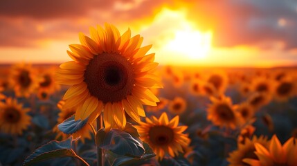Vibrant sunflower field at sun setting in the background.