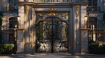 A high-end residential gate with intricate metalwork, decorative motifs, and a grand entrance that...