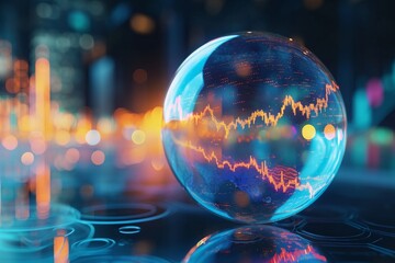 A glass ball sits atop a table, creating a striking image of reflection and stability, A bubble chart representation of volatile stocks, AI Generated - obrazy, fototapety, plakaty