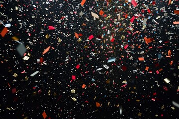 A vibrant and festive collection of confetti scatters widely across a sleek black surface, A burst of confetti against a black, star-studded sky, AI Generated - obrazy, fototapety, plakaty