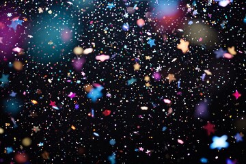 A vibrant multitude of confetti scattered across a black background, creating a lively and celebratory atmosphere, A burst of confetti against a black, star-studded sky, AI Generated