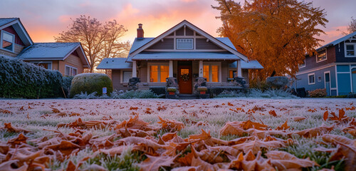 Craftsman house at dawn with a front yard filled with frost-covered autumn leaves