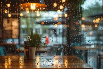 A table supporting a potted plant placed beside a window, creating a simple yet refreshing indoor arrangement, A cafe view on a rainy day with blurry rain-washed glass, AI Generated