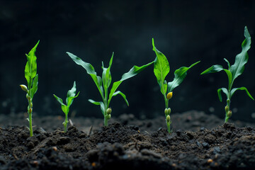 A group of young corn plants are growing in the dirt. The plants are small and green, and they are all growing in the same direction. The image has a peaceful and calming mood - obrazy, fototapety, plakaty