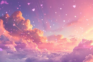 A Sky Filled With Clouds and Hearts, A candy heart-filled sky against a pastel twilight, evoking a dream-like feeling, AI Generated