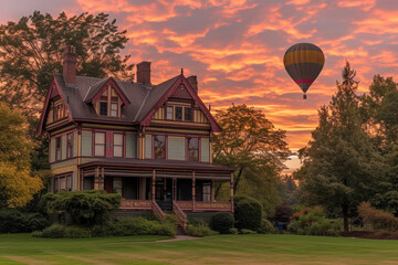 Fototapeta na wymiar Craftsman house at dawn, with a hot air balloon rising in the distant sky